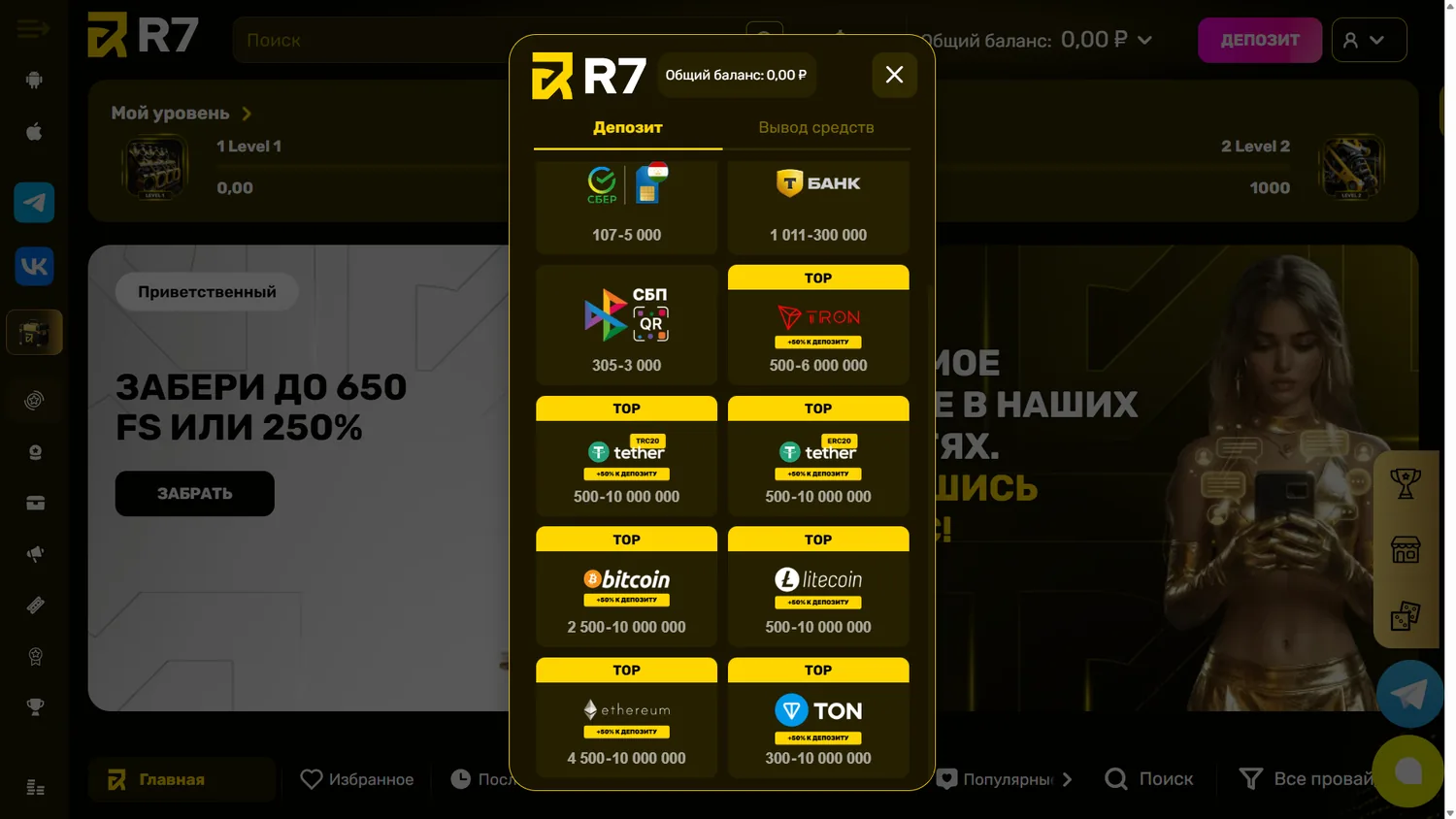 Способы пополнения R7 Casino: банки, СБП и криптовалюты