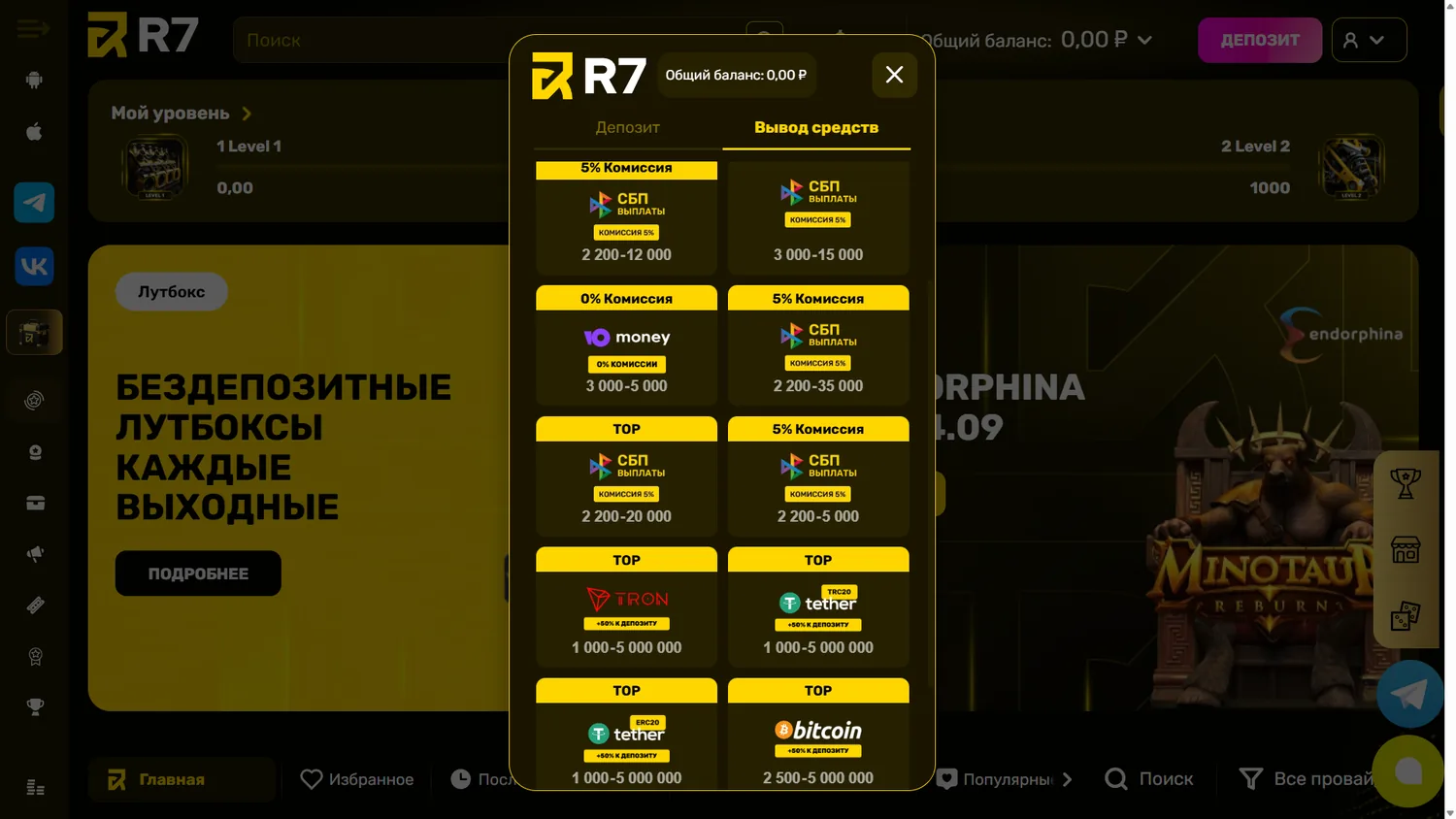 Вывод средств R7 Casino: СБП, YooMoney и криптовалюты