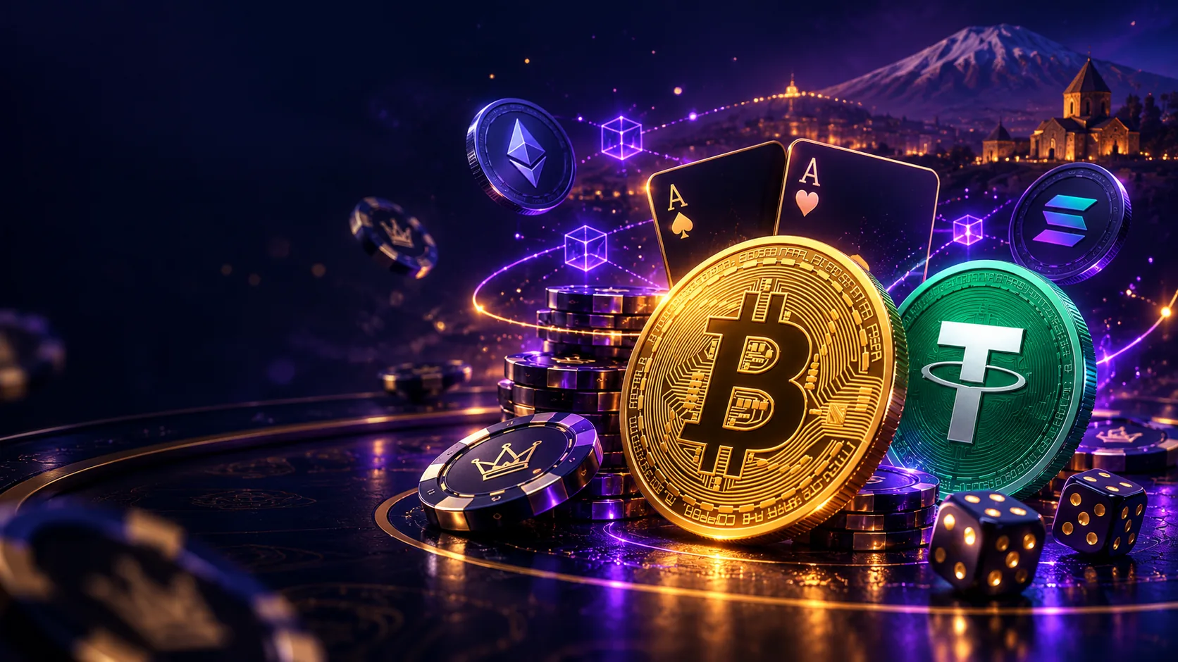 Крипто казино с Bitcoin, USDT и Ethereum на фоне Армении